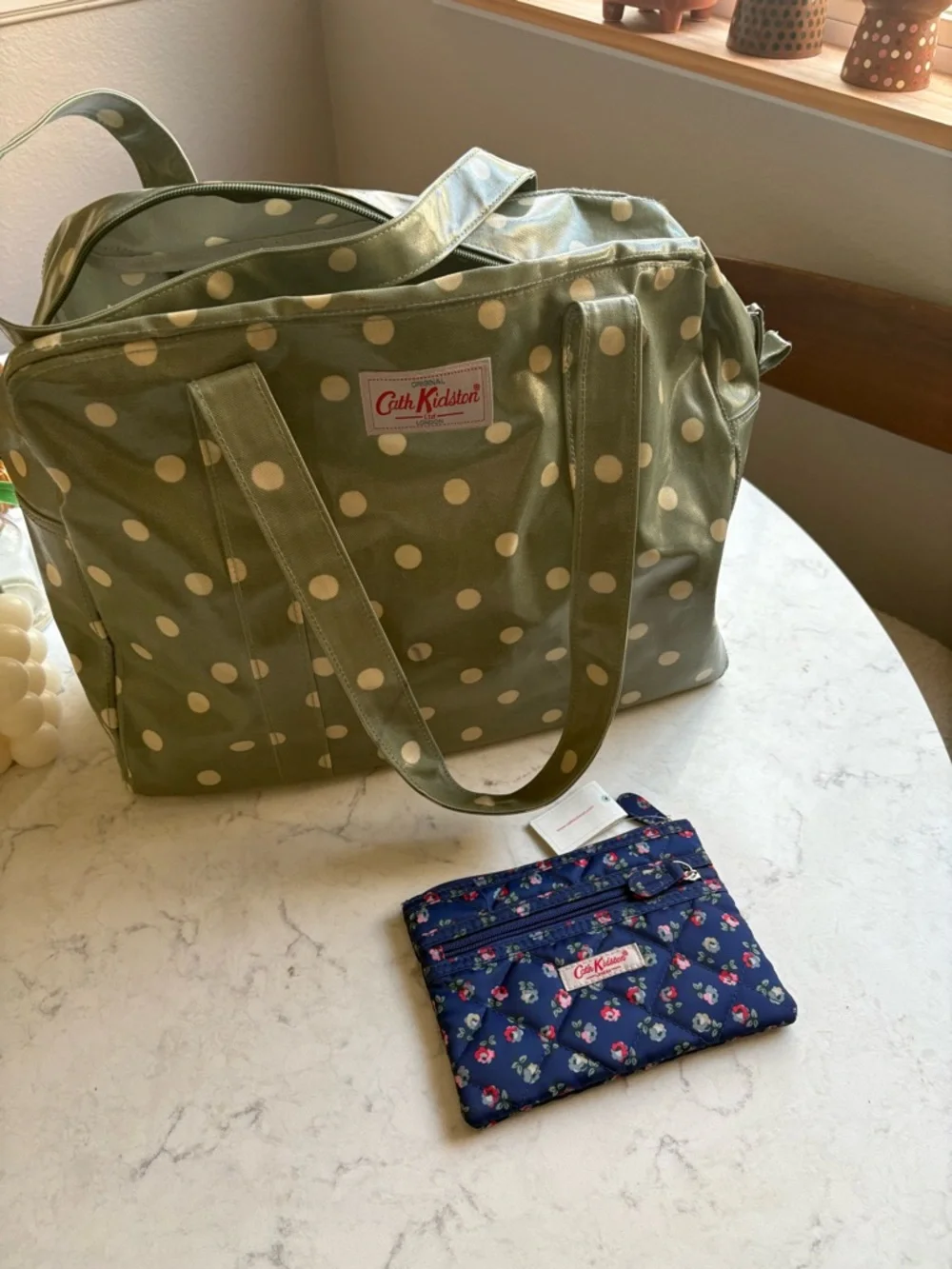 Cath Kidston Green Polka Dot Tote Bag and Floral zipper pouch